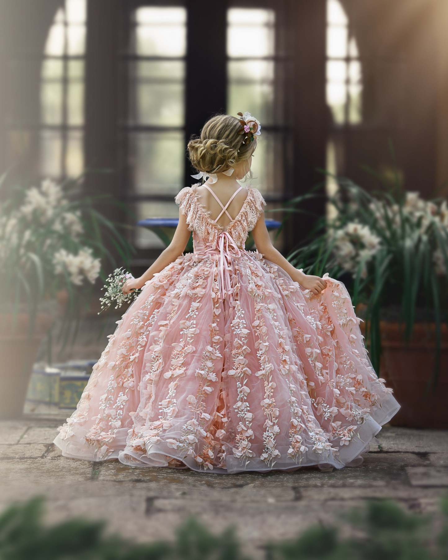 Princess Pink A-line Cap Sleeves Lace Flower Girls Dress-BMbridal.com