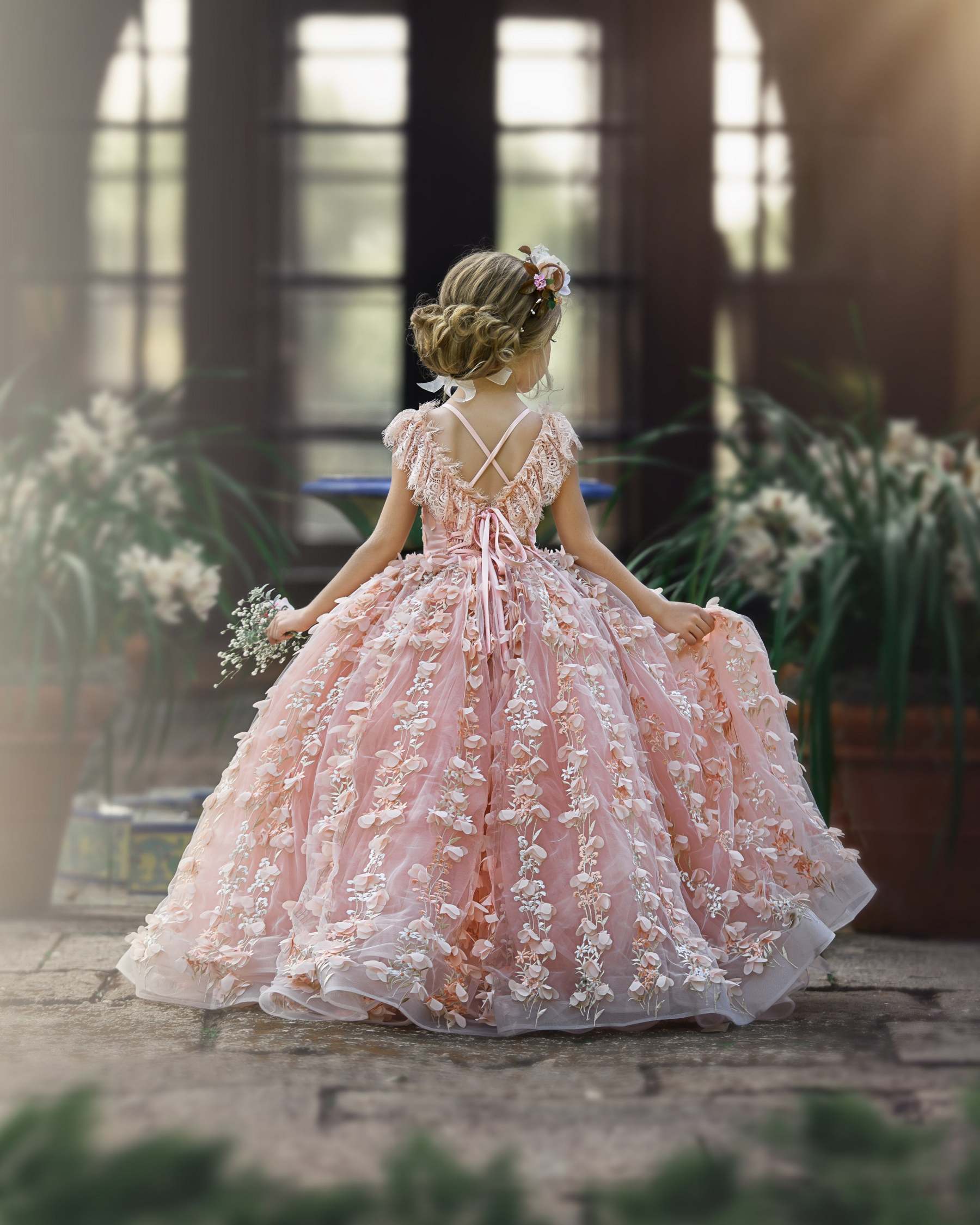 Princess Pink A-line Cap Sleeves Lace Flower Girls Dress-BMbridal.com