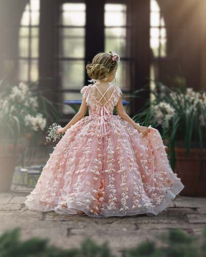 Princess Pink A-line Cap Sleeves Lace Flower Girls Dress-BMbridal.com