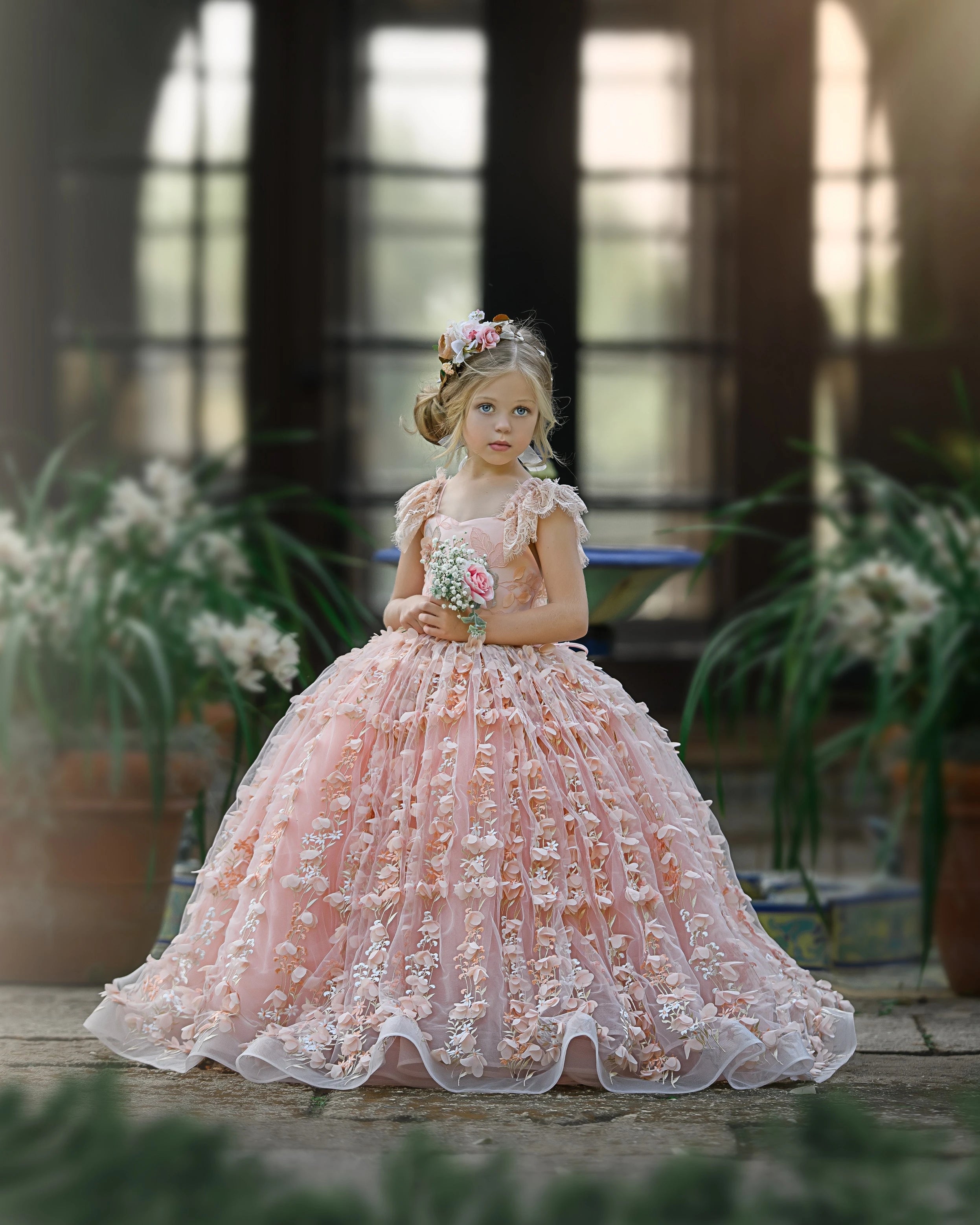 Princess Pink A-line Cap Sleeves Lace Flower Girls Dress-BMbridal.com