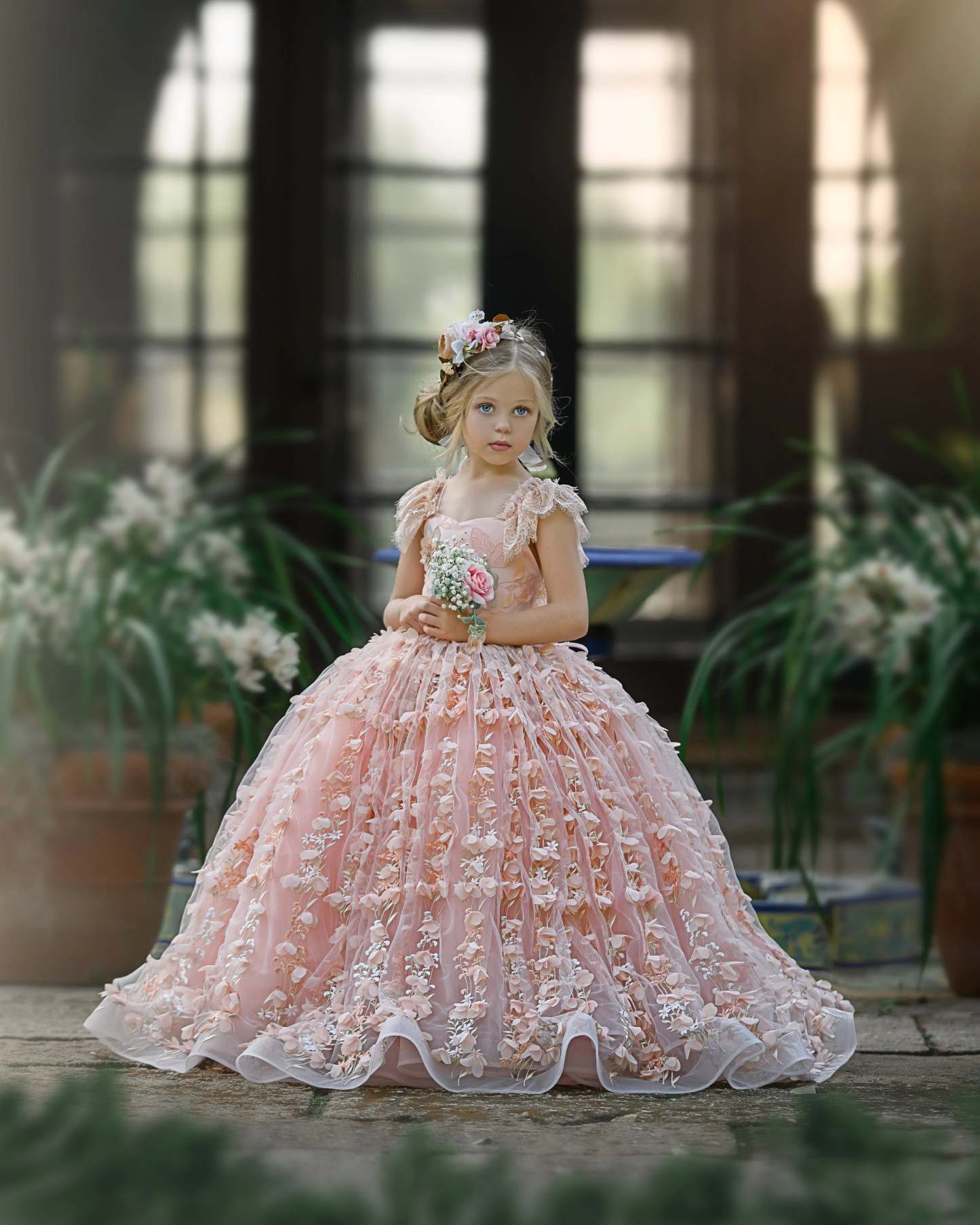 Princess Pink A-line Cap Sleeves Lace Flower Girls Dress-BMbridal.com