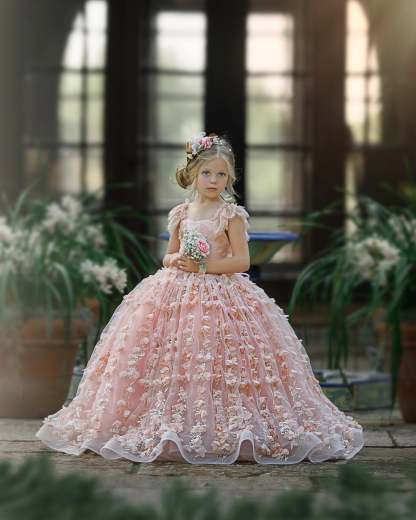 Princess Pink A-line Cap Sleeves Lace Flower Girls Dress-BMbridal.com