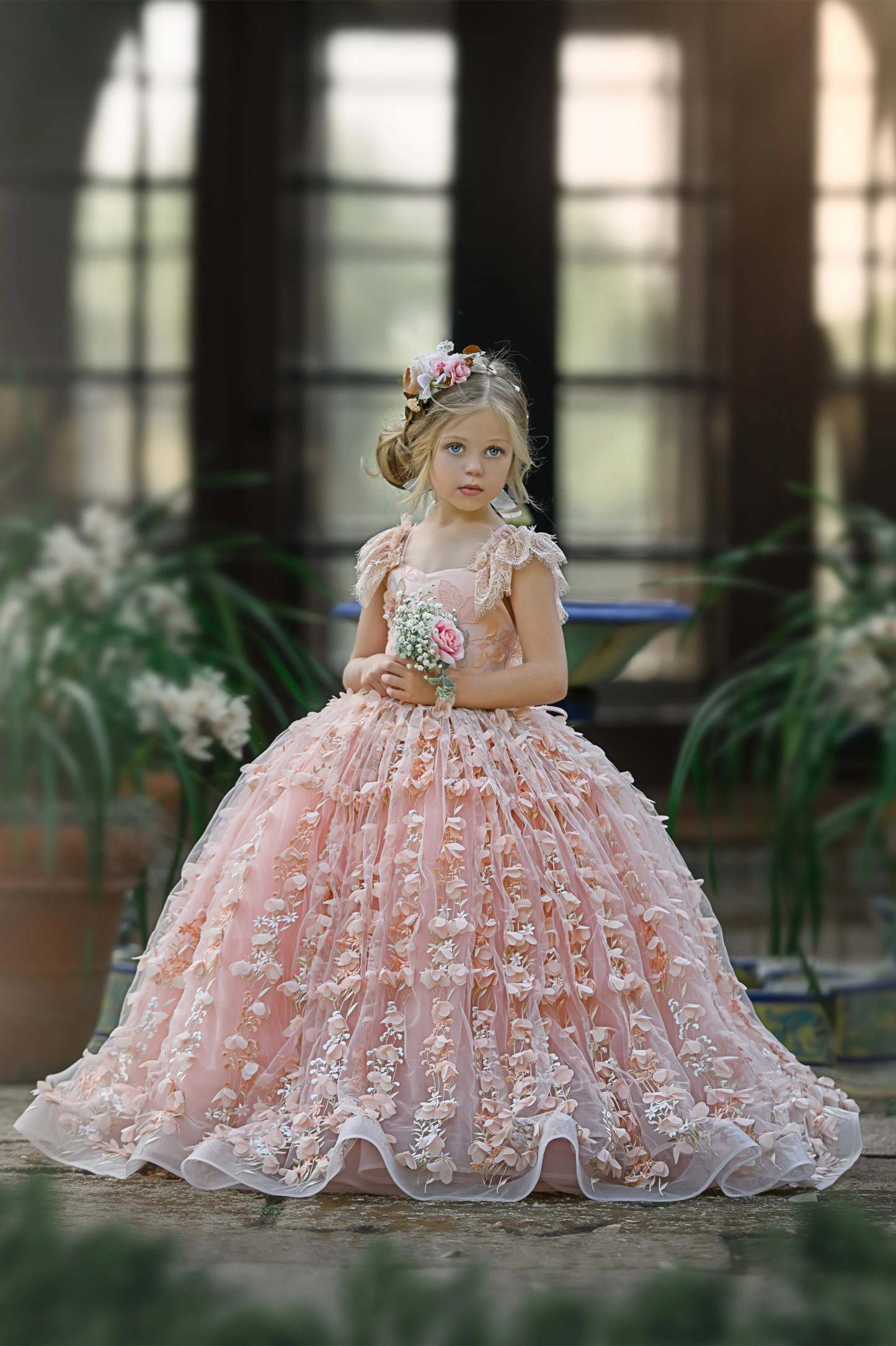 Princess Pink A-line Cap Sleeves Lace Flower Girls Dress-BMbridal.com