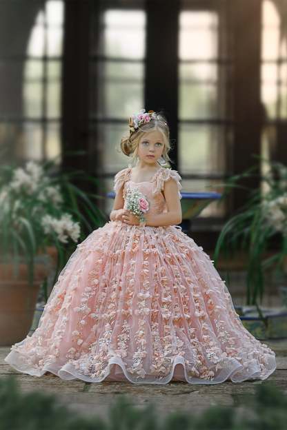Princess Pink A-line Cap Sleeves Lace Flower Girls Dress-BMbridal.com