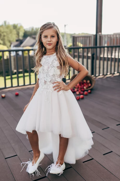 Princess White A-line Sleeveless Lace Flower Girls Dress-BMbridal.com