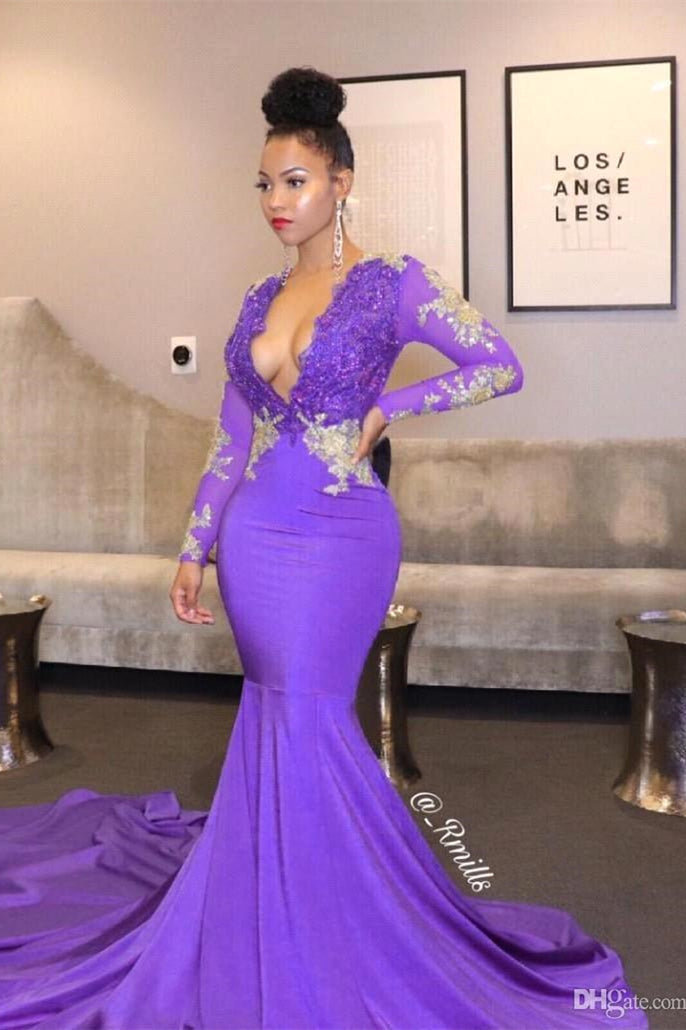 Purple Long Prom Dresses Deep V-neck Lace Mermaid Evening Gowns-BMbridal.com
