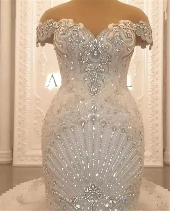 Gorgeous Beading Mermaid Wedding Dresses Bridal Gowns 2026 Lace Appliqued Off The Shoulder Tiered Sweep Train Arabic robe de mariée