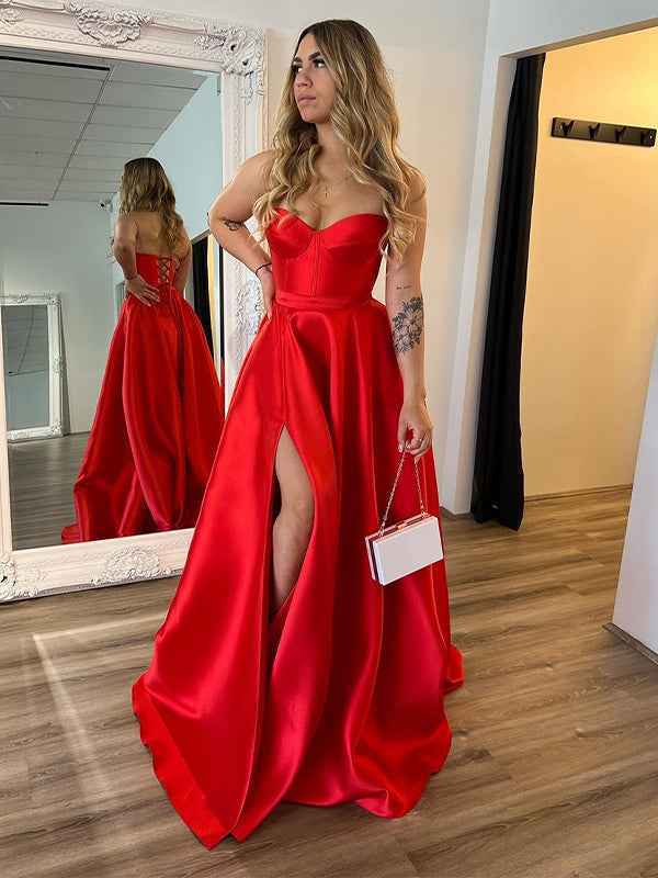 Red A Line Strapless Sweetheart Satin Long Prom Dress with Slit