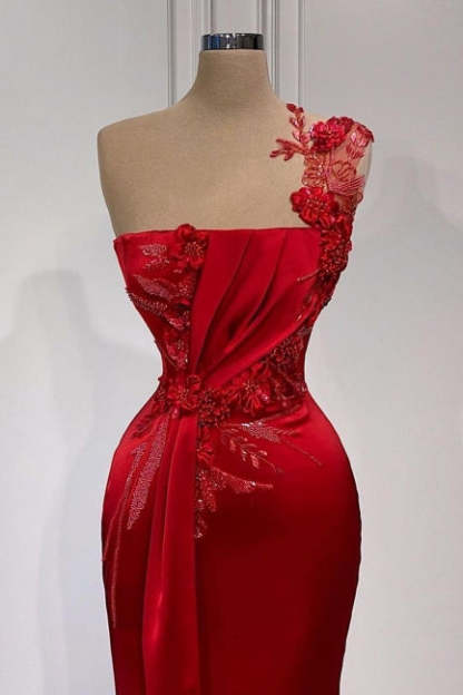 Red Flowers One Shoulder Sleeveless Floor-length Prom Dresses-BMbridal.com
