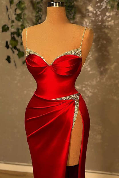 Red Long Glitter Sleeveless Evening Dresses With Side Slit-BMbridal.com