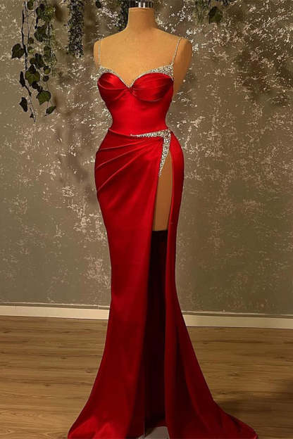Red Long Glitter Sleeveless Evening Dresses With Side Slit-BMbridal.com
