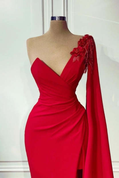Red One-shoulder Sleeveless Mermaid Satin Floor-Length Prom Dresses with Ruffles-BMbridal.com