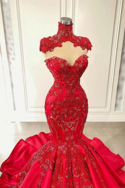 Red Sweetheart Sleeveless Mermaid Satin Floor-Length Prom Dresses with Beading-BMbridal.com