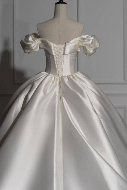 Romantic Off-the-shoulder Ball Gown Satin Wedding Dresses-BMbridal.com