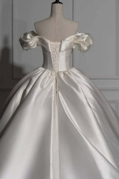 Romantic Off-the-shoulder Ball Gown Satin Wedding Dresses-BMbridal.com