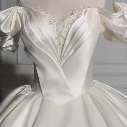 Romantic Off-the-shoulder Ball Gown Satin Wedding Dresses-BMbridal.com