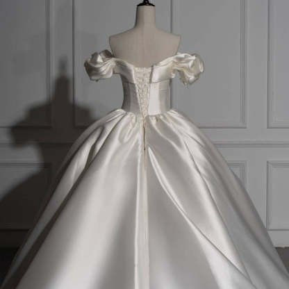Romantic Off-the-shoulder Ball Gown Satin Wedding Dresses-BMbridal.com