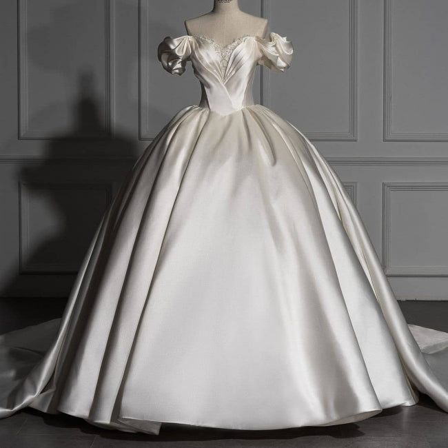 Romantic Off-the-shoulder Ball Gown Satin Wedding Dresses-BMbridal.com