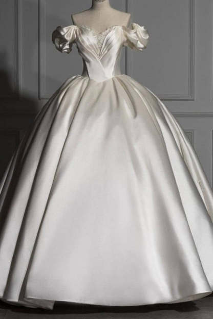 Romantic Off-the-shoulder Ball Gown Satin Wedding Dresses-BMbridal.com