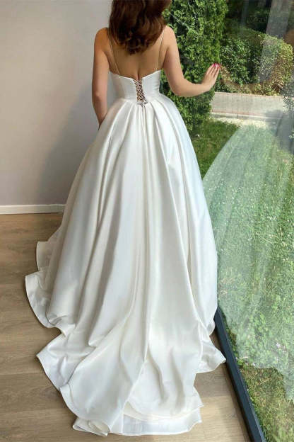 Romantic Spaghetti Straps White Lace Appliques Aline Wedding Dress Sleeveless Bridal Dress with Train-BMbridal