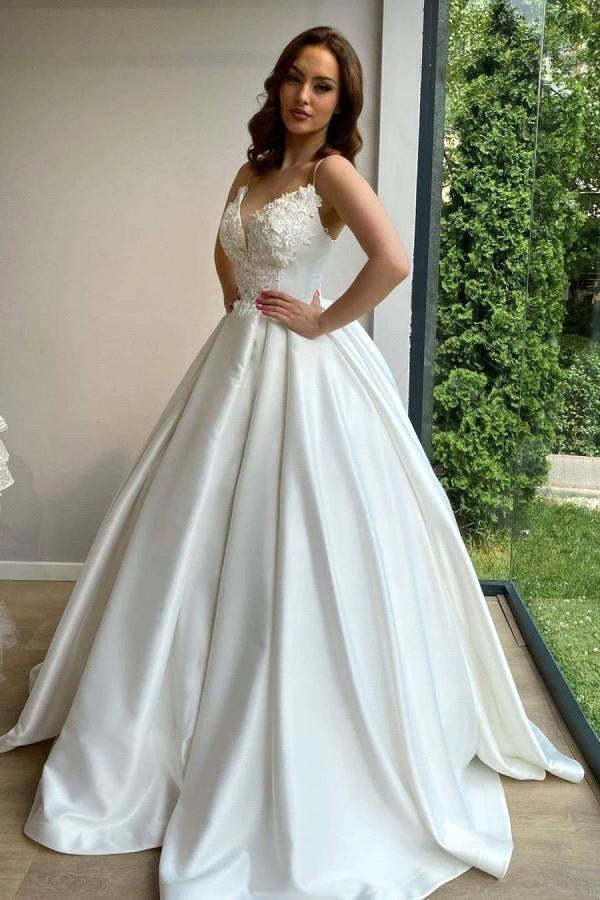 Romantic Spaghetti Straps White Lace Appliques Aline Wedding Dress Sleeveless Bridal Dress with Train-BMbridal