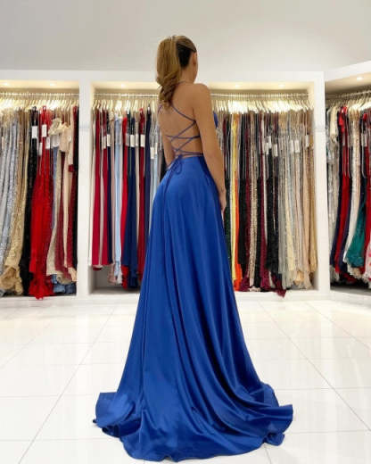 Royal Blue A-line Backless Long Prom Dresses-BMbridal.com