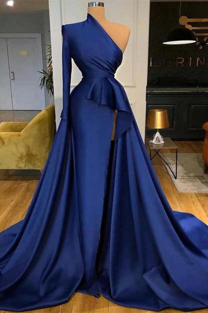 Royal Blue Long Sleeves One Shoulder A-line Split Prom Dresses-BMbridal.com