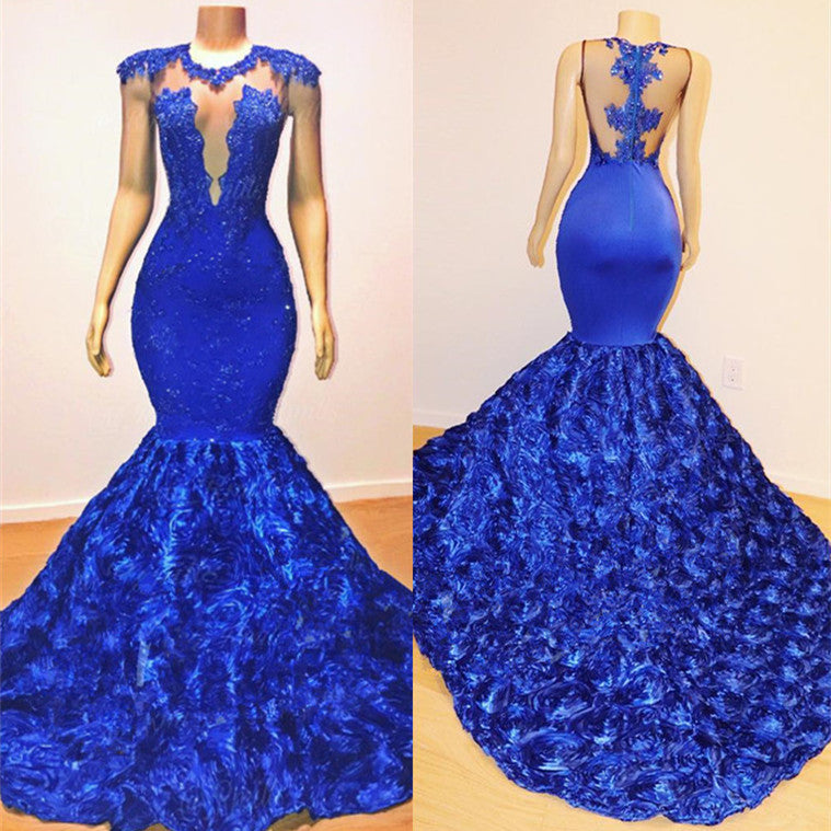 Royal Blue Mermaid Sexy Flowers Sleeveless Sheer Evening Dress-BMbridal.com