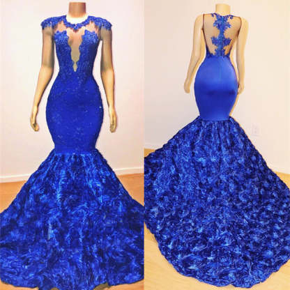 Royal Blue Mermaid Sexy Flowers Sleeveless Sheer Evening Dress-BMbridal.com