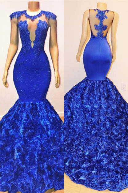Royal Blue Mermaid Sexy Flowers Sleeveless Sheer Evening Dress-BMbridal.com