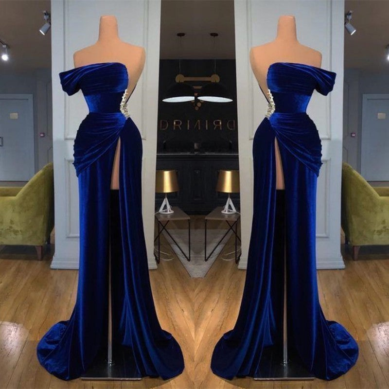 Royal Blue Off-the-shoulder Long Prom Evening Dress with Split-BMbridal.com