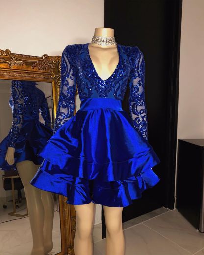 Royal Blue V-neck Long Sleeves Knee Length A-line Party Party Dresses-BMbridal.com