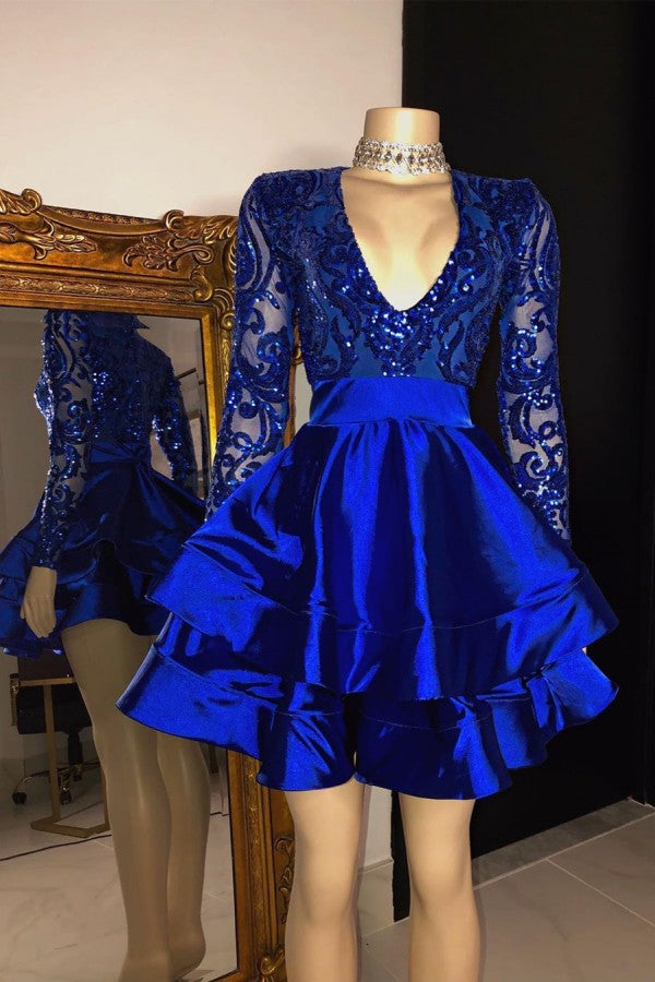 Royal Blue V-neck Long Sleeves Knee Length A-line Party Party Dresses-BMbridal.com