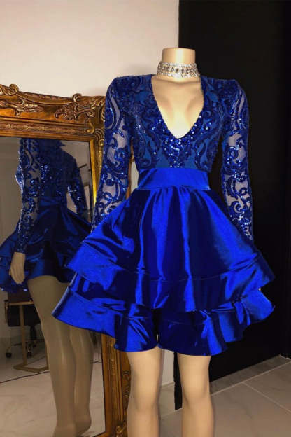 Royal Blue V-neck Long Sleeves Knee Length A-line Party Party Dresses-BMbridal.com
