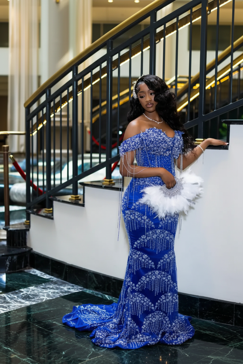 Luxury Glacial Silver Beaded Prom Dress – Crystal Fringe Mermaid Gown with Feather Accents | 2026 Couture Evening Collection