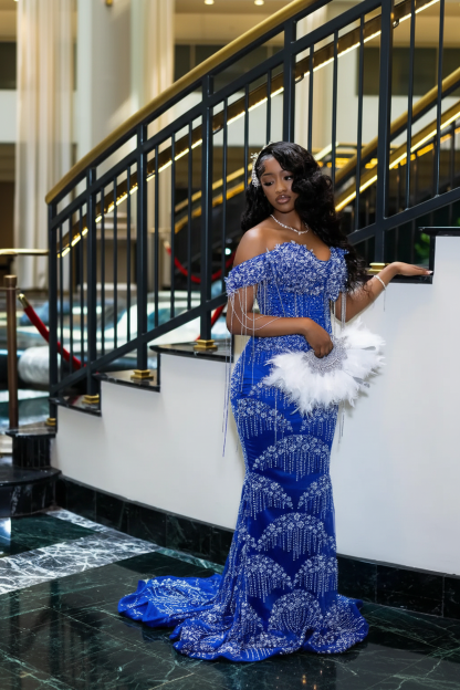 Luxury Glacial Silver Beaded Prom Dress – Crystal Fringe Mermaid Gown with Feather Accents | 2026 Couture Evening Collection