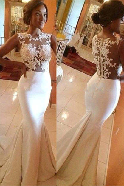Satin Sweep Train Lace Scoop Sleeveless Sexy Mermaid Wedding Dresses-BMbridal.com