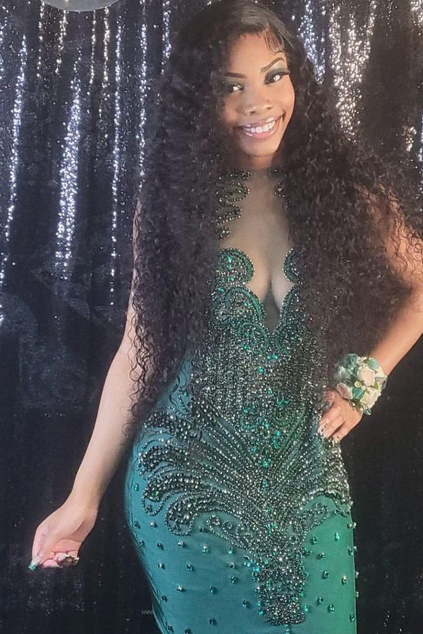 Saxy Long V-neck Sleeveless Mermaid Prom Dress With Beading-BMbridal.com