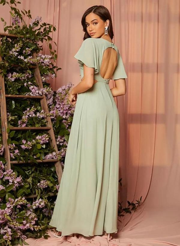 Scoop Neck Floor-Length Chiffon Bridesmaid Dress With Split Front