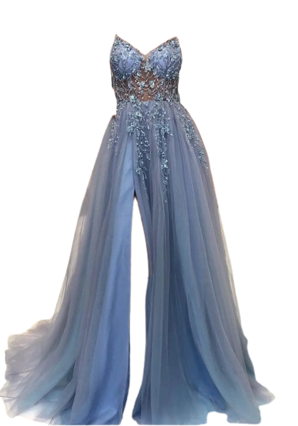 A-line V Neck Spaghetti Straps Sweep Train Tulle Prom Dress With Beading Sequins Split CPS