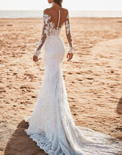 Beautiful Long Mermaid Long Sleeves Lace V-neck Wedding Dress