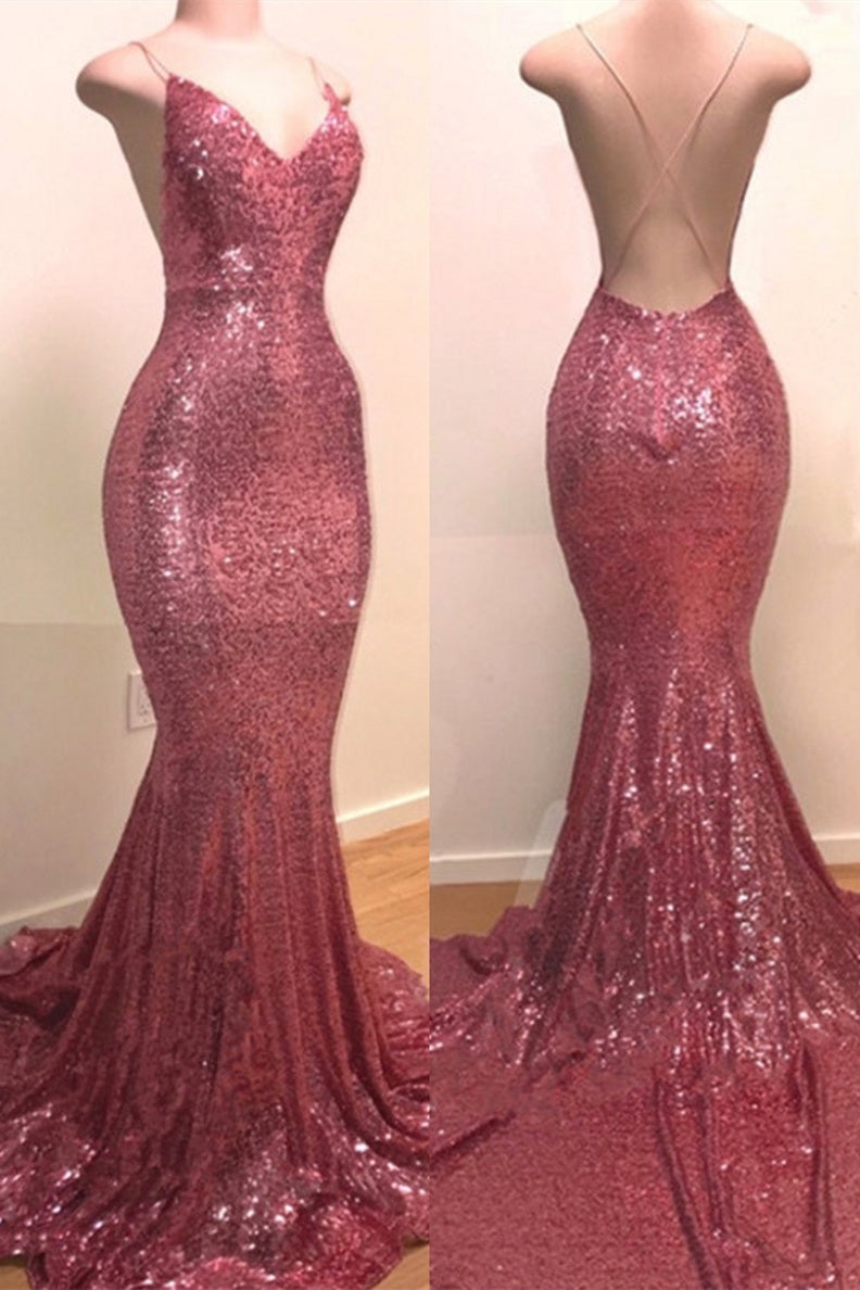 Sequins V-neck Sleeveless Spaghetti Backless Prom Dresses-BMbridal