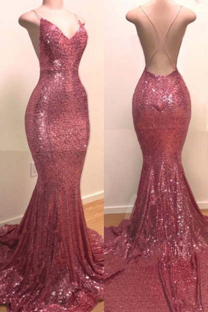 Sequins V-neck Sleeveless Spaghetti Backless Prom Dresses-BMbridal.com