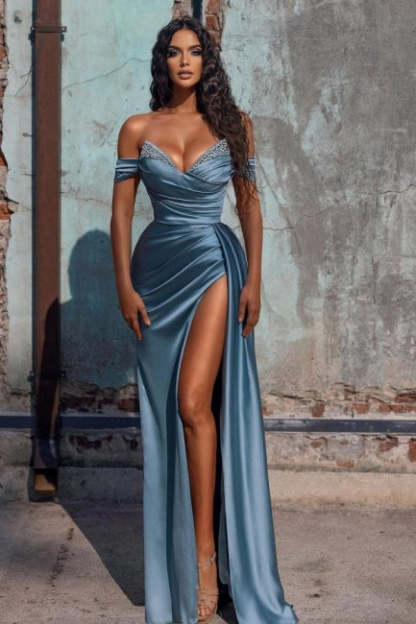 Sexy Blue Long Off-the-shoulder High Split Evening Dresses-BMbridal.com