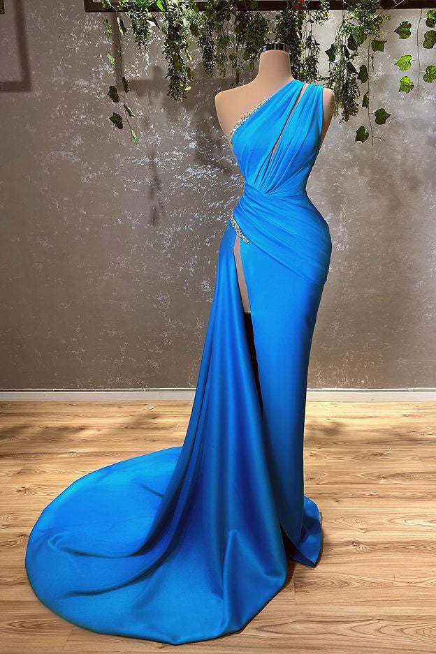 Sexy Blue One Shoulder Split Mermaid Prom Dress With Beads-BMbridal.com