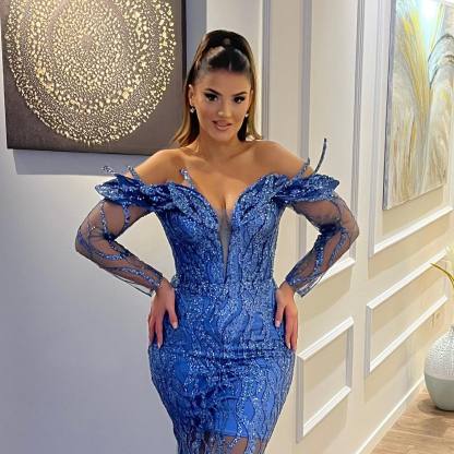 Sexy Floor Length V-Neck Long Sleeves Sheath Mermaid Lace Prom Dress-BMbridal.com