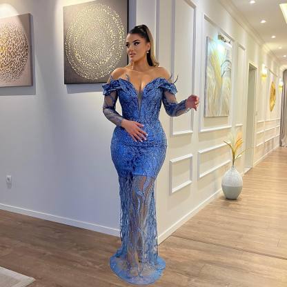 Sexy Floor Length V-Neck Long Sleeves Sheath Mermaid Lace Prom Dress-BMbridal.com