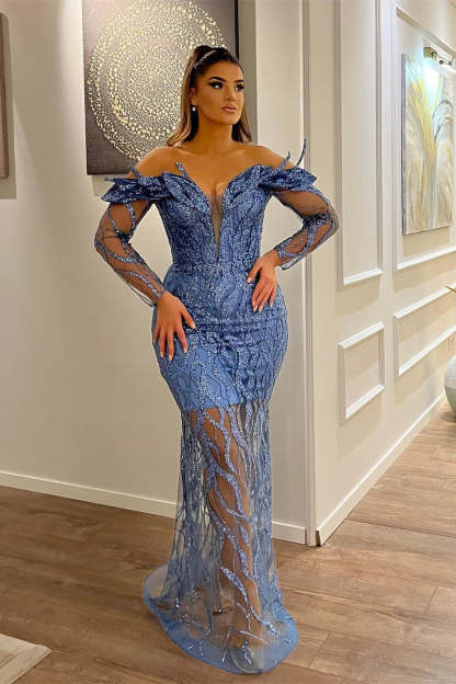 Sexy Floor Length V-Neck Long Sleeves Sheath Mermaid Lace Prom Dress-BMbridal.com