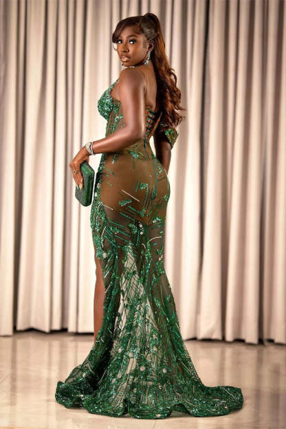 Sexy Glitter Sequins Mermaid Prom Dress V-Neck Beads Side Split Long Party Dress-BMbridal.com