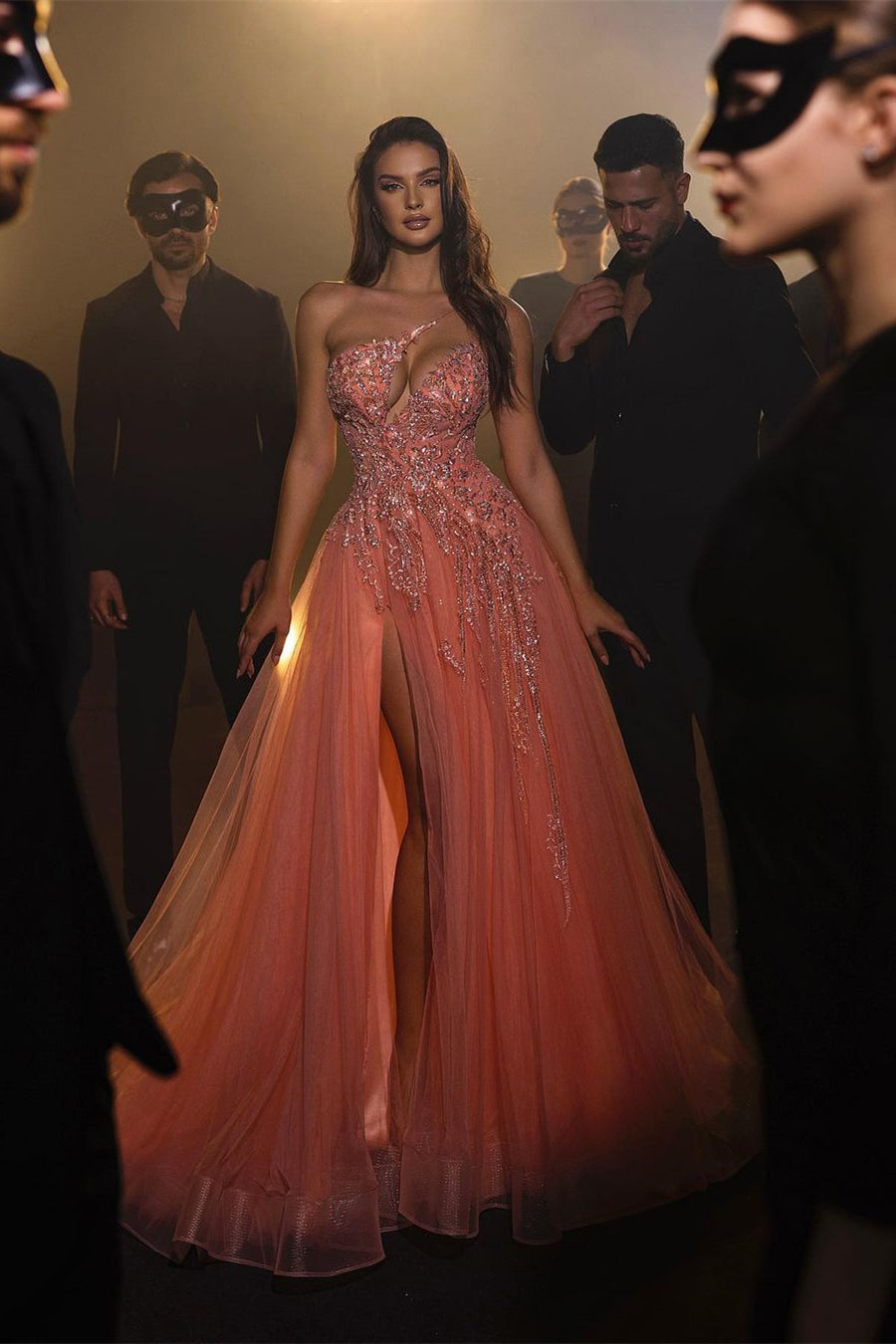 Sexy Long A-line Pink Sleeveless One-Shoulder Tulle Prom Dresses With Rhinestone-BMbridal.com